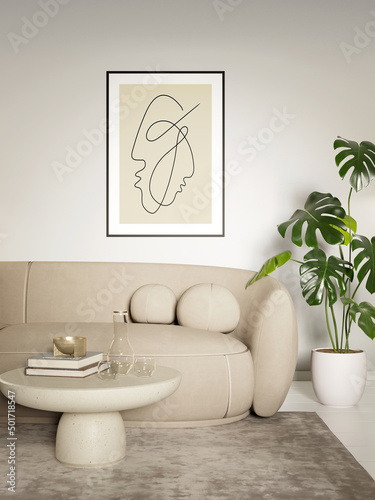 3d interior of a Japandi style interior living room a design with simplicity, natural elements, and minimalism, Mock up poster frame
 photo