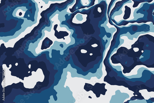 Blue military camouflage pattern. Abstract liquid camo texture. Trendy army clothing background