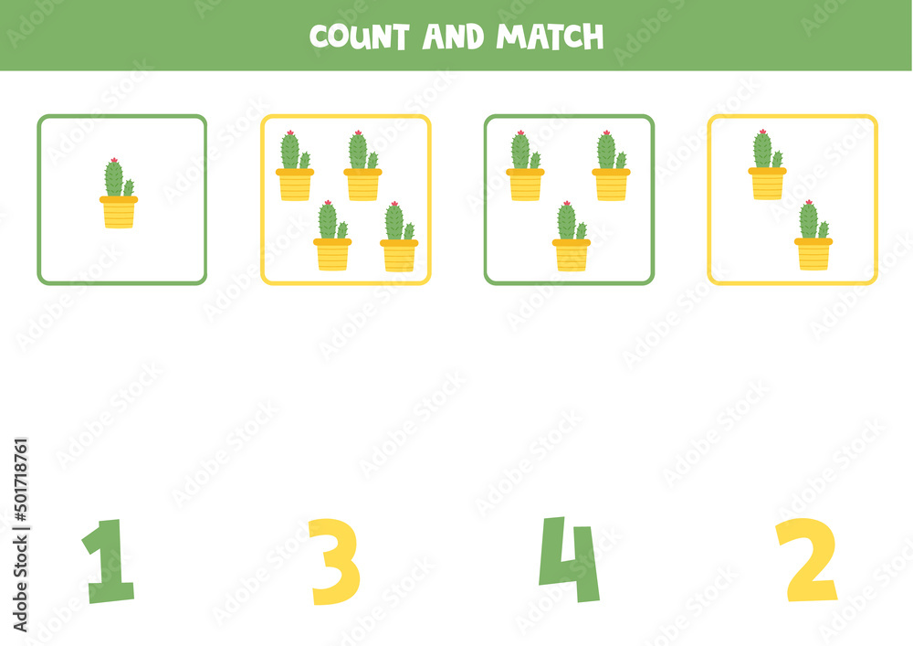 Counting game for kids. Count all cacti and match with numbers. Worksheet for children.