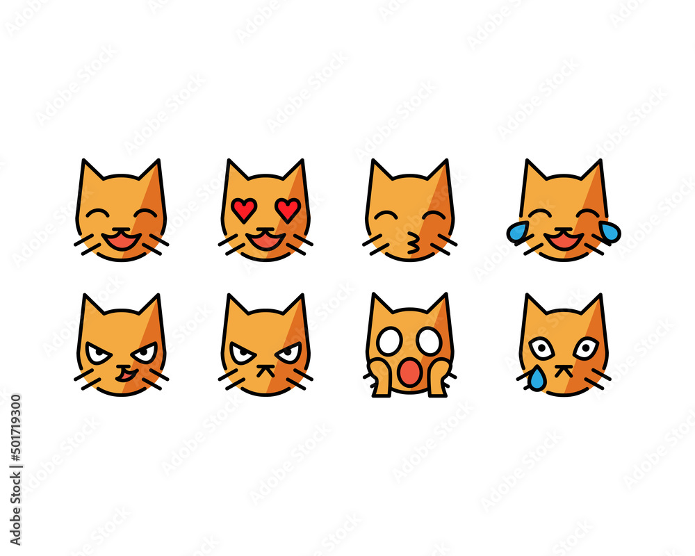 Funny Cat flat style emoji vector icons set. Cat emoticon smile isolated on white background. Vector EPS 10