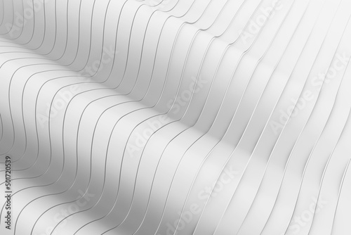 Deformed white bands surface with soft light. Modern backdrop in minimalist style. 3D render illustration