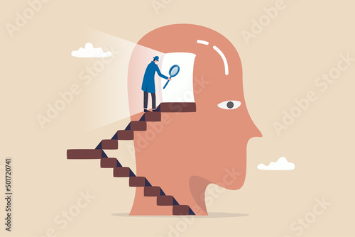 Psychology or brain analyze for human intelligence, memory, mindset or mental wellbeing, neurology or psychotherapy concept, man walk up the stair to open human head see mystery secret of human brain.
