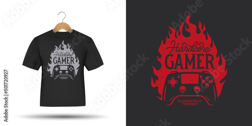 Hardcore gamer t-shirt design. Video games related apparel print. Hand drawn joystick gamepad controller. Vector illustration.