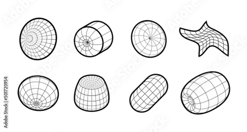Set of linear objects with a thick outline. Vector geometric 3d oval shapes and grids. Geometric spherical cyber shapes