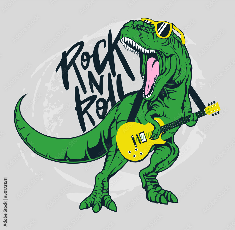 Rock and roll slogan - Cute dinosaur graphic vector illustration - Funny and fun illustration - T-shirt print design - For poster, card, tee, sticker, wall art