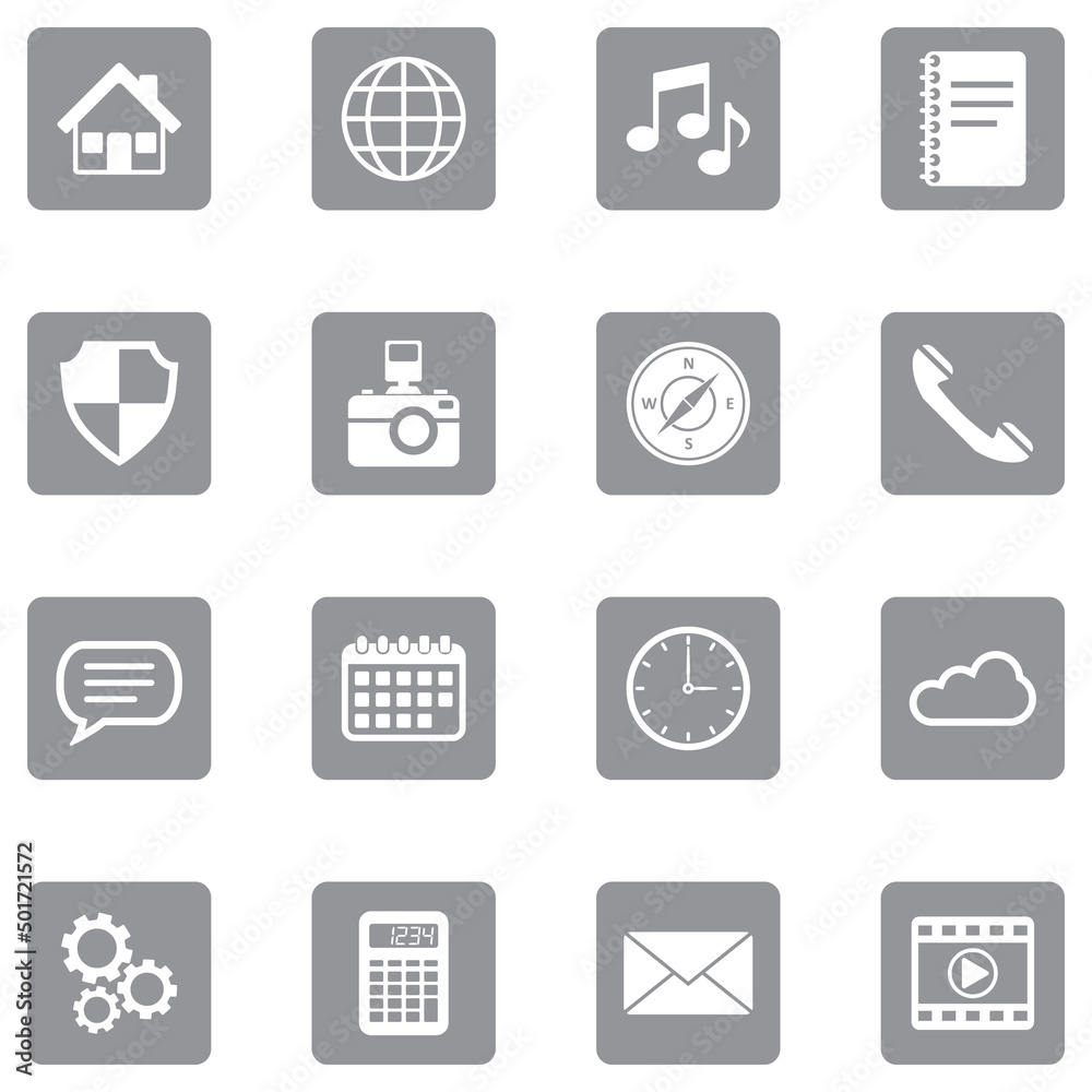 Home Screen Application Icons. Gray Flat Design. Vector Illustration. Home Screen Application Icons. Gray Flat Design. Vector Illustration.