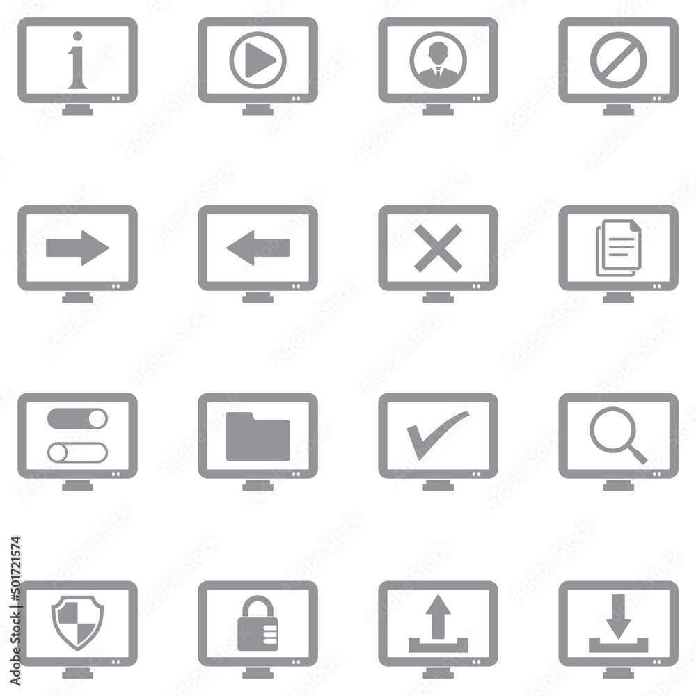 Screen Icons. Gray Flat Design. Vector Illustration. Screen Icons. Gray Flat Design. Vector Illustration.