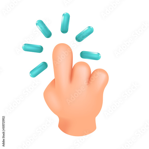 Click, hand with index finger up, mouse pointer, click on the screen, 3d vector illustration.