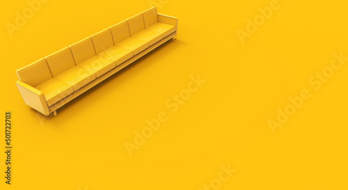 Extremely long yellow sofa isolated on yellow background. 3d rendering
