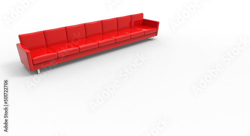 Extremely long red sofa isolated on white background. 3d rendering