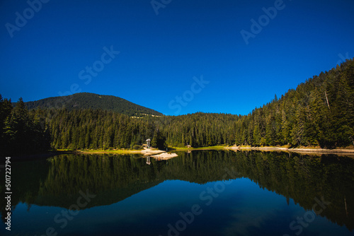 A clear lake against the backdrop of high green Carpathian mountains on a summer day