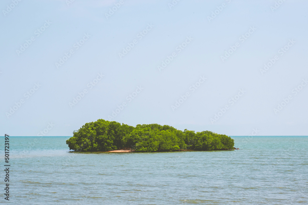 Small island with green trees on the sea or ocean water. Small island with green trees on the sea or ocean water.