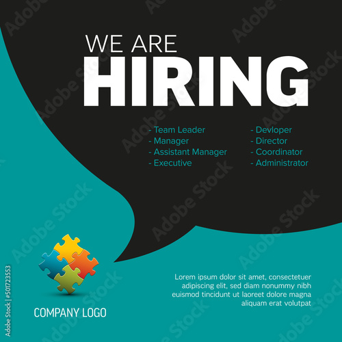 We are hiring minimalistic teal flyer template with company logo and big speech bubble
