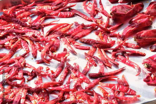 Dried red chilies pepper. Red chilies is dried in morning sunlight. Close-up vegetable
