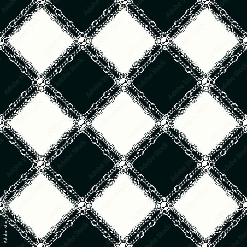 Naklejka premium Checkered vintage black and white pattern with chains, beads. Vector geometric seamless background.