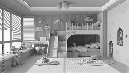 Total white project draft, modern wooden children bedroom with bunk bed, parquet floor, big window with sofa, desk with chair, wardrobe, carpet, toys and decors. Interior design
