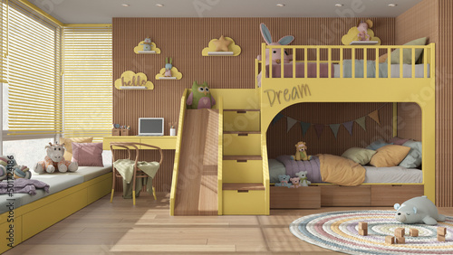 Cuadro en lienzo Cozy wooden children bedroom with bunk bed in yellow and pastel tones, parquet floor, big window with venetian blinds, sofa, desk with chair, carpet, toys and decors