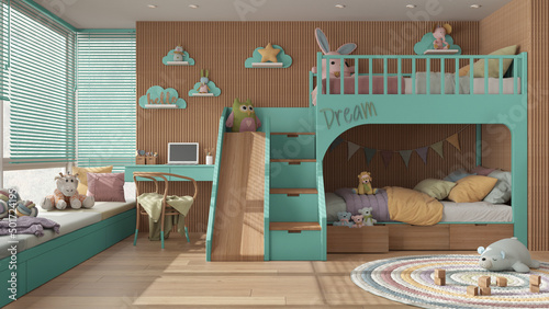Cozy wooden children bedroom with bunk bed in turquoise and pastel tones, parquet floor, window with venetian blinds, sofa, desk with chair, carpet, toys and decors. Interior design photo