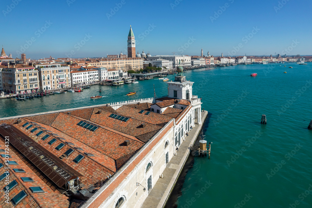 Italy, Veneto, Venice, Aerial view of Dogana da Mar and Grand Canal