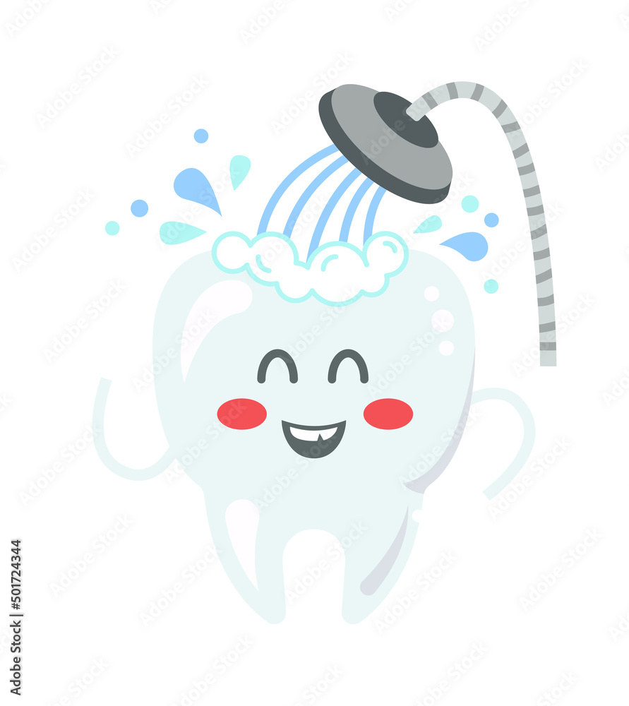 Naklejka premium Cartoon tooth having a shower. Vector illustration