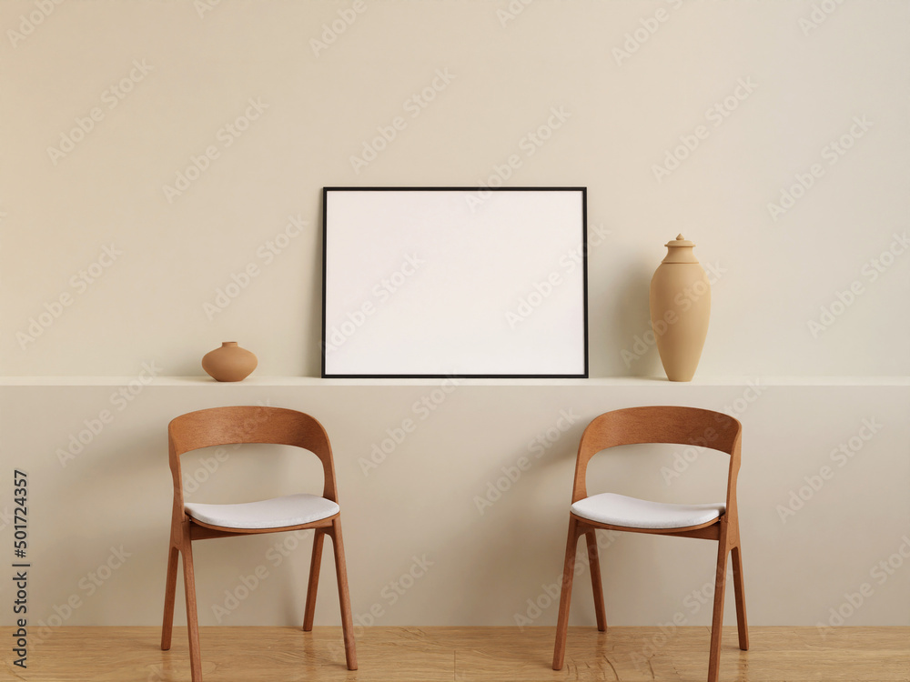 Modern and minimalist horizontal black poster or photo frame mockup on the wall in the living room. 3d rendering. Modern and minimalist horizontal black poster or photo frame mockup on the wall in the living room. 3d rendering.