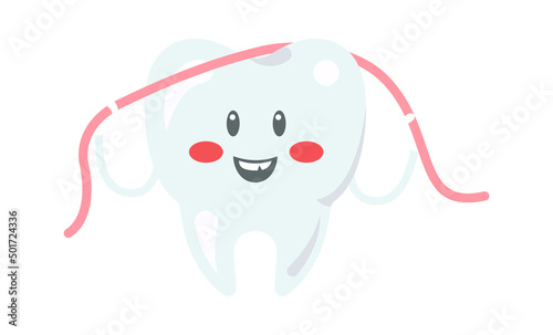 Cartoon tooth with dental floss. Vector illustration
