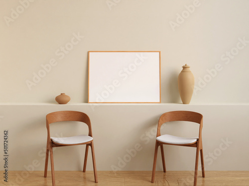 Fototapeta Naklejka Na Ścianę i Meble -  Modern and minimalist horizontal wooden poster or photo frame mockup on the wall in the living room. 3d rendering.
