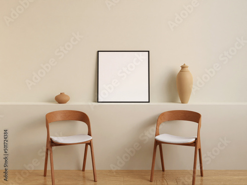 Fototapeta Naklejka Na Ścianę i Meble -  Modern and minimalist square black poster or photo frame mockup on the wall in the living room. 3d rendering.