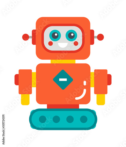 Childish droid retro robot character. Vector illustration