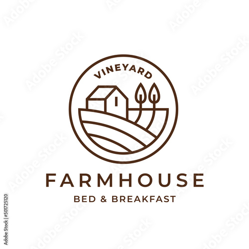 Vineyard farmhouse logo. Country guest house icon. Bed and breakfast farm cottage sign. Countryside wine estate symbol. Vector illustration.