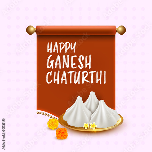 Sweet dessert Modak in plate - Happy Ganesh Chaturthi illustration with festival elements