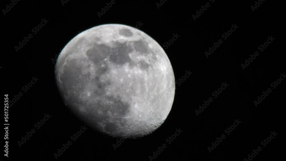 Close Up Of Moon In Waxing Gibbous Phase Isolated In Black Night Sky. Close Up Of Moon In Waxing Gibbous Phase Isolated In Black Night Sky.