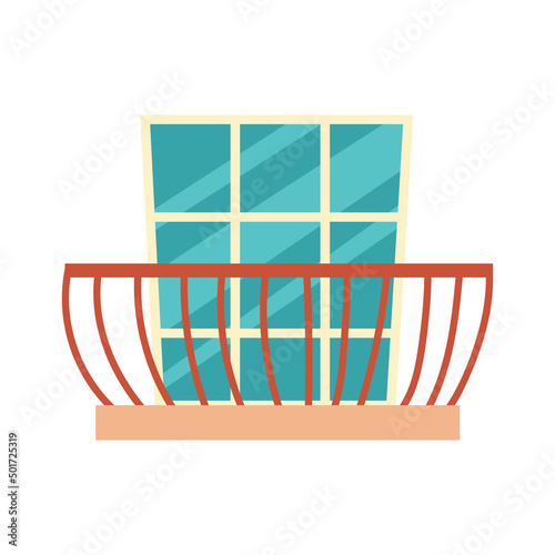 Window with balcony. Interior element. Cleaning the facade of the house. Window frame. Vector illustration isolated on white background. Cartoon style.
