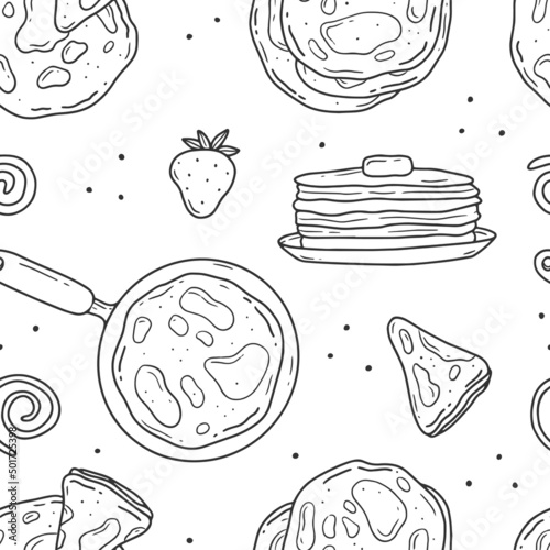 Seamless black and white pattern with pancakes and strawberries. Pancake day, Maslenitsa. Vector illustration background.