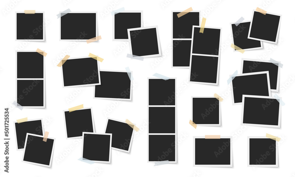 Photo frames vector set. Colorful scotch tape strips. Photos with scotch strips. Frames collection.