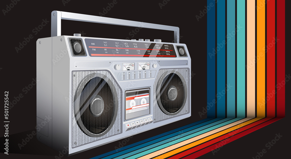 Boombox vector illustration. 80s technology. 90s music player. Retro