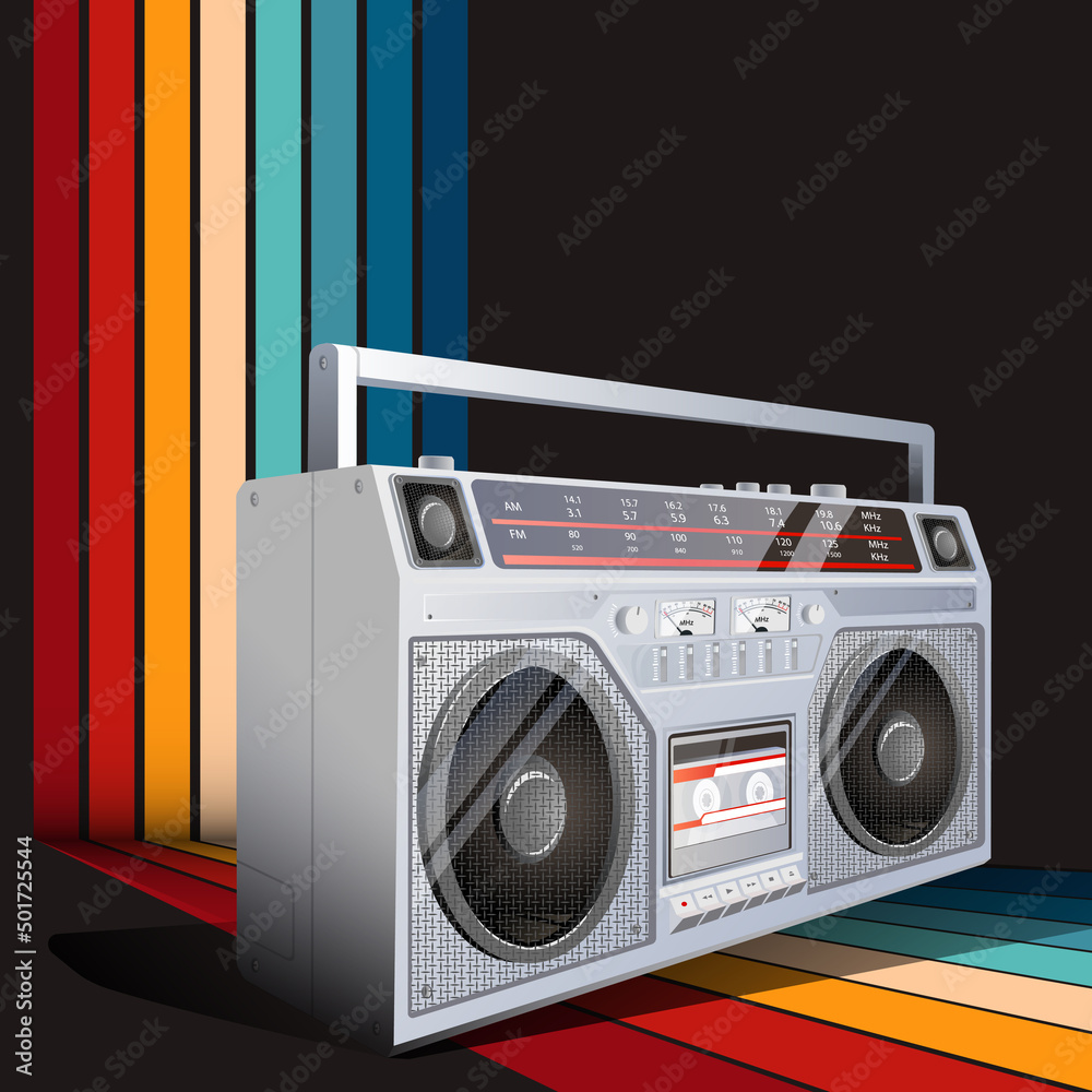 Boombox vector illustration. 80s technology. 90s music player. Retro style 90s boombox wallpaper.