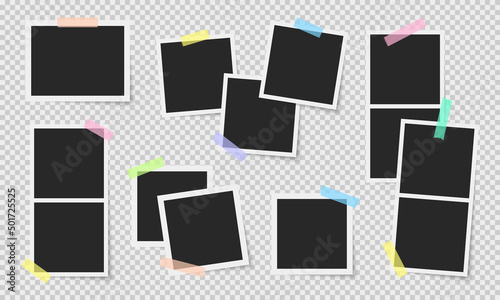 Photo frames vector set. Colorful scotch tape strips. Photos with scotch strips. Frames collection.