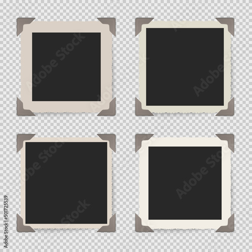 Photo frames vector set. Vintage photo framings in album. Photos with album corners. Retro frames collection.