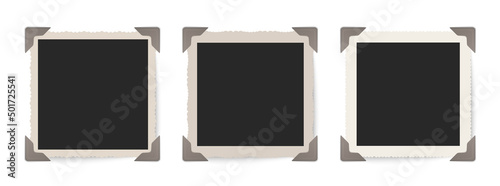 Photo frames vector set. Vintage photo framings in album. Photos with album corners. Retro frames collection.