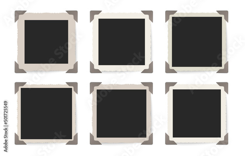 Photo frames vector set. Vintage photo framings in album. Photos with album corners. Retro frames collection.