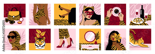 Closeup fashion portraits, interiors, still lifes. Templates for magazines, cards, posters, banners, t-shirt prints. Lifestyle design concept. Hand drawn trendy vector flat illustrations