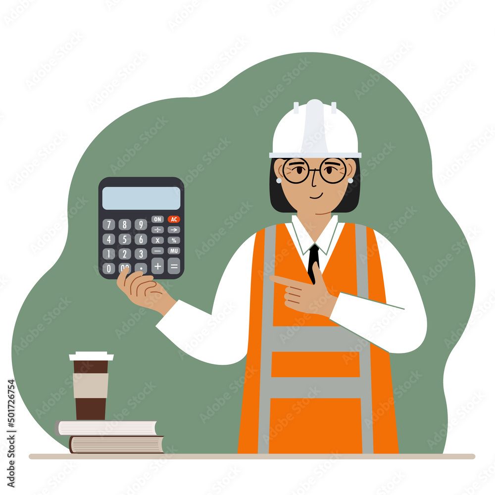 Female engineer in a white construction helmet and orange vest with a calculator. Vector Female engineer in a white construction helmet and orange vest with a calculator. Vector