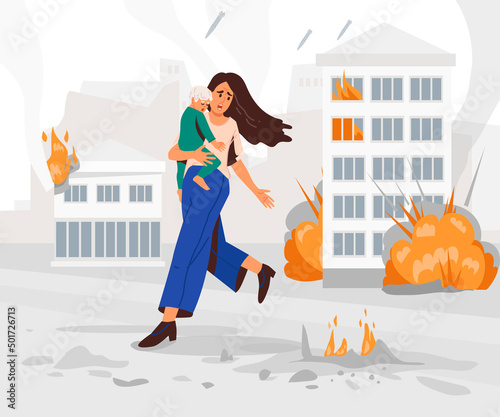 People are fleeing the bombings. Mom and child. Banner, poster. Military operations in Ukraine. The concept of the threat of war. City on fire. Explosions, rockets, bombs, fires. Stop the war. Vector