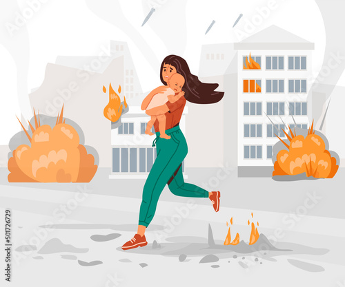 People are fleeing the bombings. Mom and child. Banner, poster. Military operations in Ukraine. The concept of the threat of war. City on fire. Explosions, rockets, bombs, fires. Stop the war. Vector