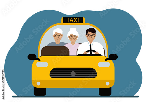 Yellow taxi car. A man in a shirt and tie, a taxi driver, carrying passengers grandparents. Front view. Vector