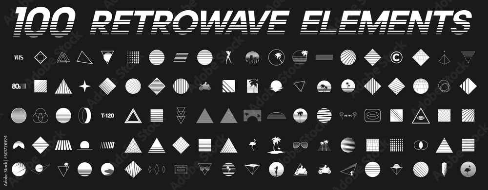 Set of retrowave design elements. Sunset, palm tree, audio cassette, striped geometric shapes, VHS sign, RETRO title, sexy woman. Pack of retrowave 1980s style design elements. Vector