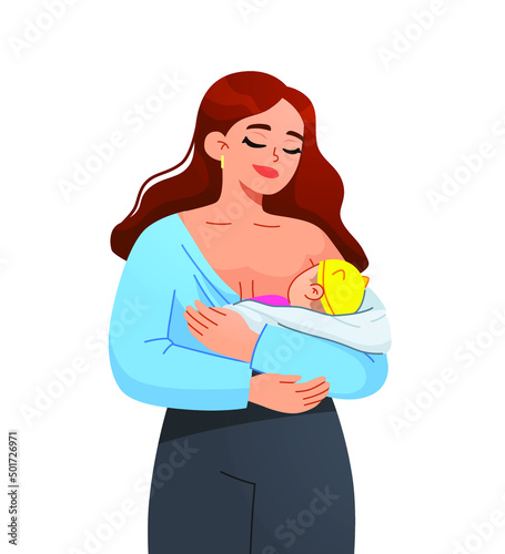 Mother feeding her newborn baby. Breastfeeding positions set. Woman feeds infant with breast. Female lactation concept, trendy modern. Smiling woman breastfeeding her baby. happy mother's day 
