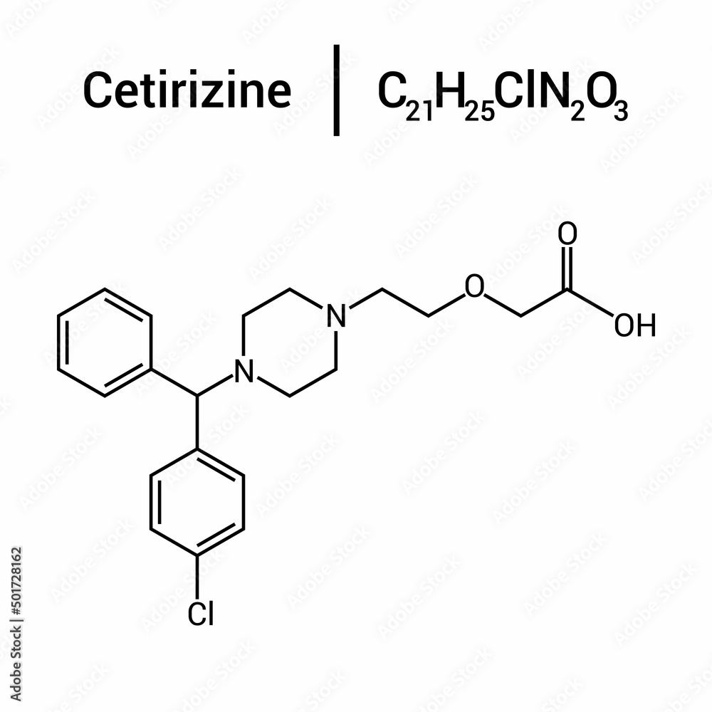 chemical structure of Cetirizine (C21H25ClN2O3)