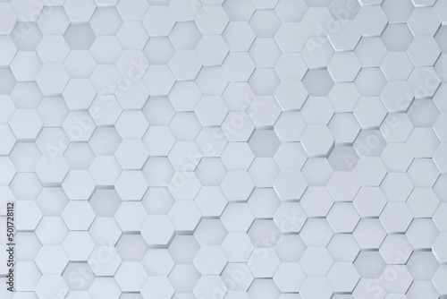 White hexagon shape moving up down randomly. Abstract top view honeycomb 3D illustration rendering